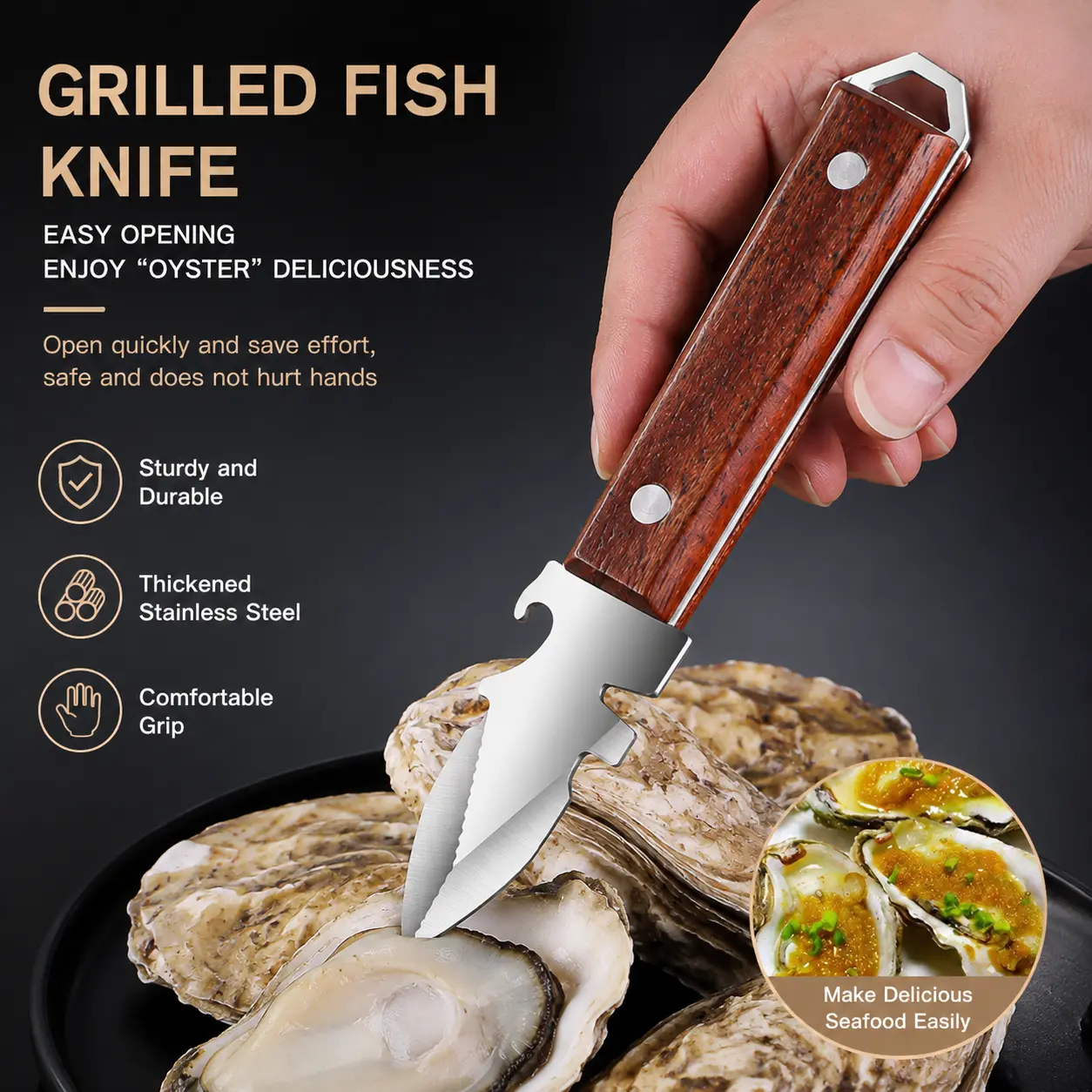 1 Count, Stainless Steel Oyster Knife with Wooden Handle, Non-sharp Thick Blade for Shucking Oysters, Clams and Other Shell Seafood