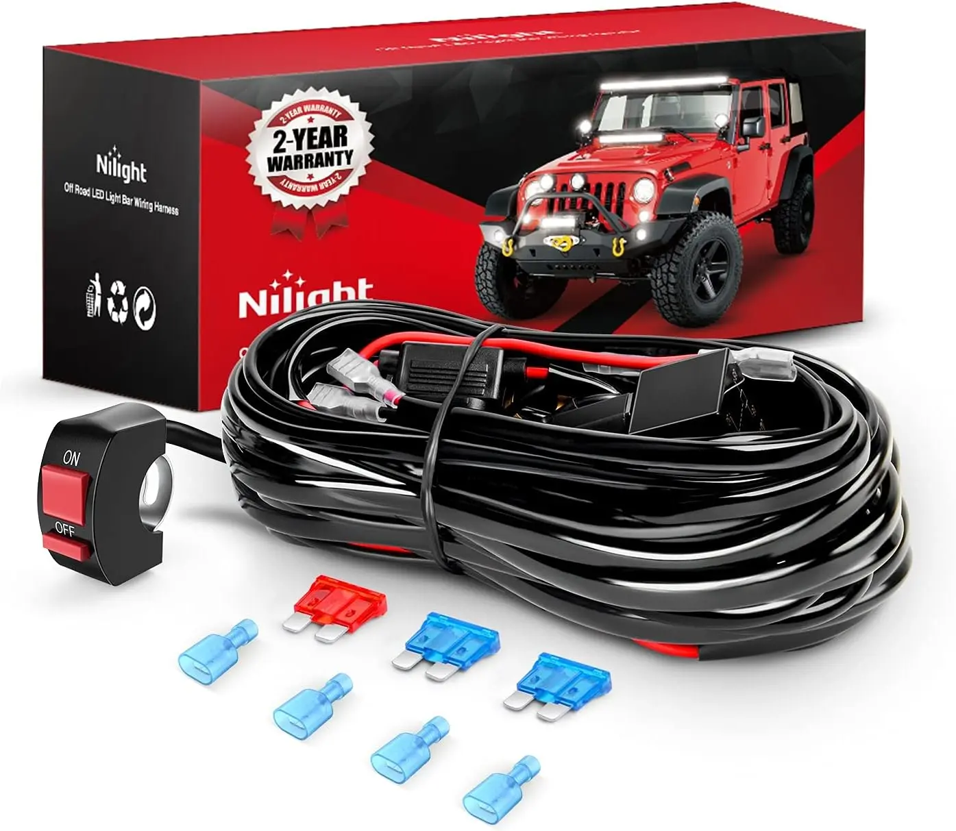 Nilight LED Light Bar Wiring Harness Kit - 16AWG Wire, 7/8-in Motorcycle Handlebar Power Rocker Switch, 2-Lead 12V Relay Switch, Blade Fuse, Waterproof, Waterproof Lid for Most 12V Motorcycles, ATV, Lighting