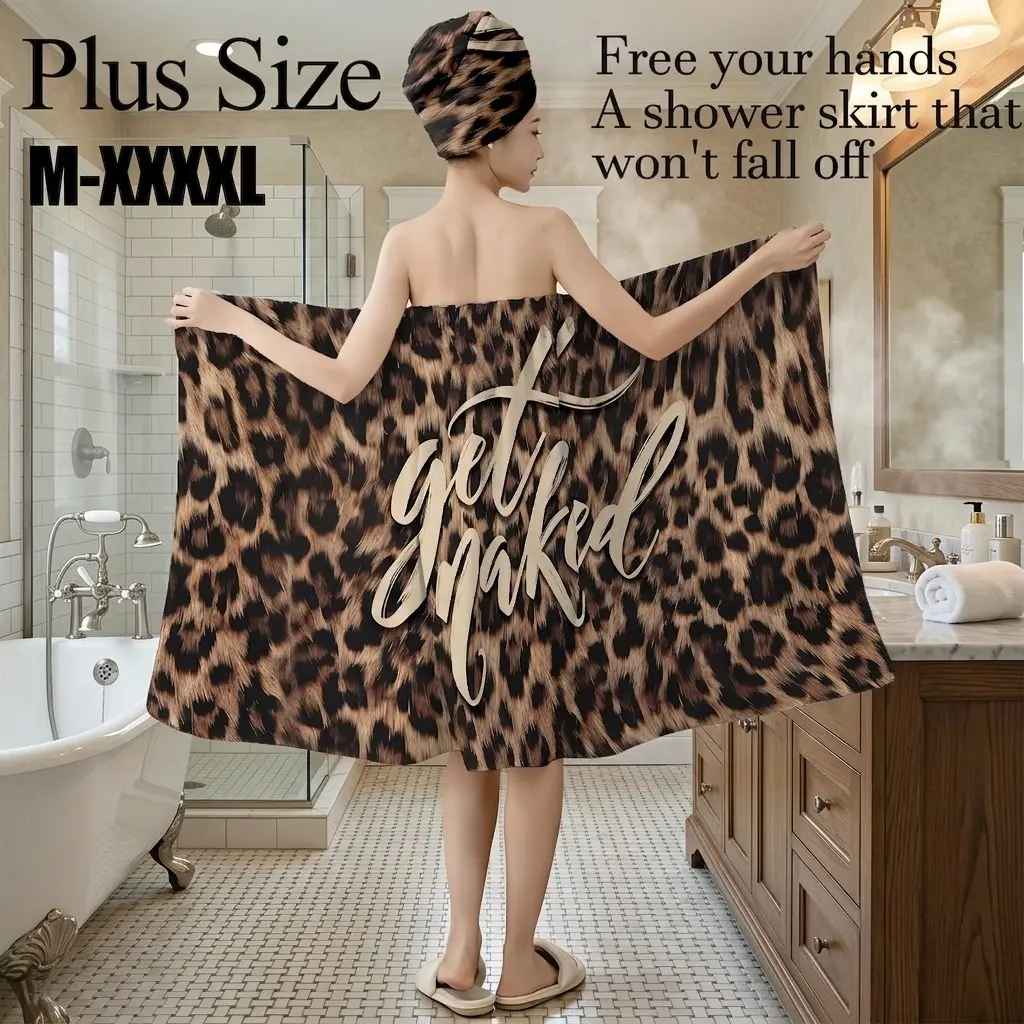 2 Pcs Plus Size M-XXXXL Leopard Print "Get Naked" Bath Wrap Skirt & Hair Towel Set, Non-Slip Adjustable Shower Skirt for Bathroom, Spa, Bachelorette Party, Girls Night