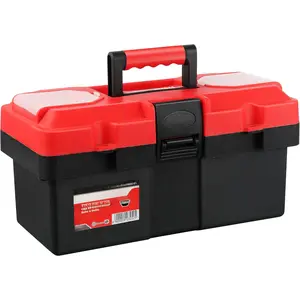 Small Tool Box, 14-inch Plastic Tool Boxes with Handle, Removable Tray with Dual Lock Secured, Red Toolbox for Home