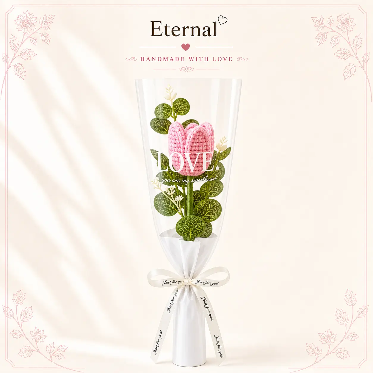 Timeless Hand-Crocheted Tulip Bouquet—soft, elegant knitted flowers perfect for Mother’s Day, Valentine’s Day, birthdays, weddings, and more; also ideal for room decor, tabletop displays, and creating a romantic atmosphere.
