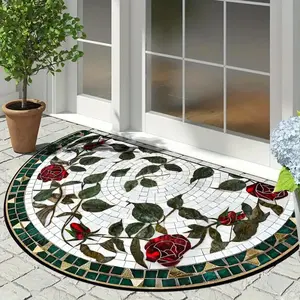 Soft Plush Half-Round Welcome Mat, Decorative Rug Mat, Home Decorative Rug, Vintage Mosaic Floral Design, Flower Pattern Rugs, Washable Non-Slip Door Mat, French Country Style, Ideal for Indoor Use