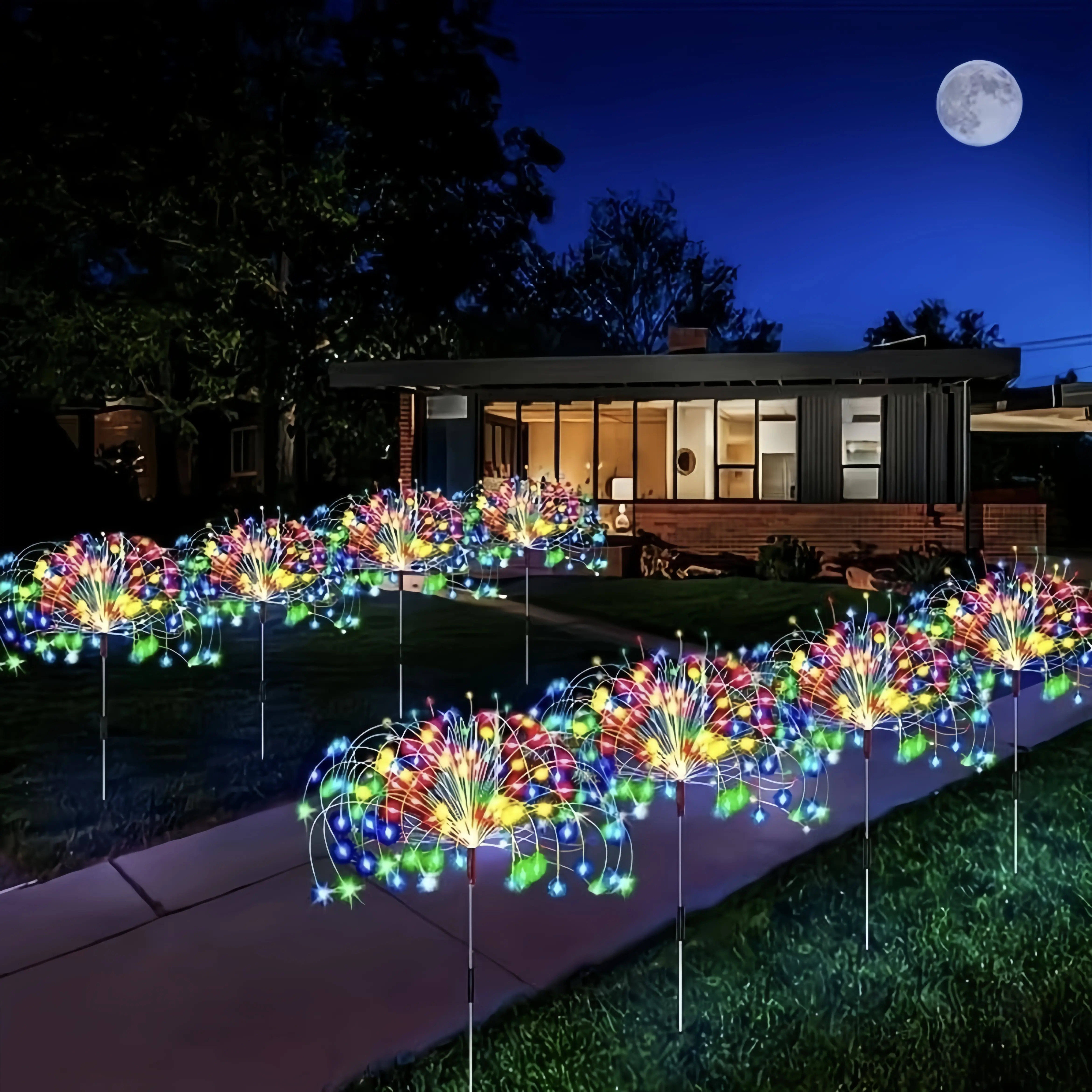 2/4/6-Pack Solar-Powered 120LED Pole-Mounted Firework Lights Outdoor Waterproof Garden Lights 8 Lighting Modes Ideal for Courtyards, Balconies, Vacation Rentals, Camping Parties Carnival Season Atmosphere Lighting