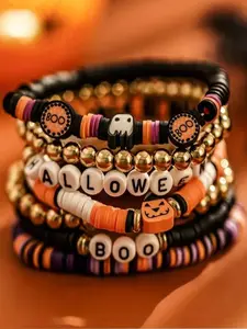 Halloween-themed jewelry set, 7 pieces - Set - Polymer clay bead bracelet, quirky retro pumpkin design stackable bracelet, perfect gift for parties, Halloween accessory