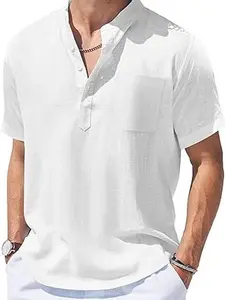 COOFANDY Men's Cotton Linen Henley Shirt Short Sleeve Hippie Casual Beach T-Shirts with Pocket Menswear Classic