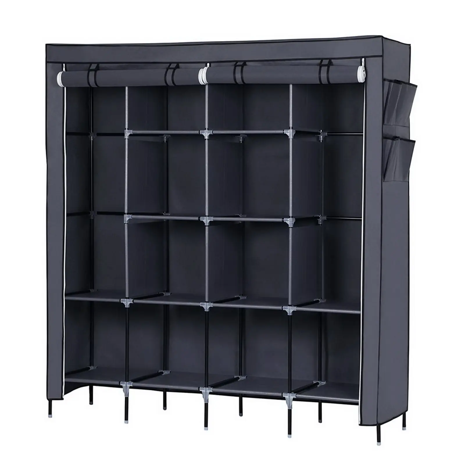 Shenar 67" Portable Wardrobe Closet Armoire - Gray Non-Woven Fabric Cover, Steel Frame, 12 Shelves, 4 Side Pockets, Tool-Free Assembly, Waterproof Durable Storage Organizer for Small Rooms