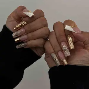 Gold Nude Nails, Glossy Handmade Press On Nail Set, Elegant Glam Style, Sunburst Charms and Metallic Swirl Tips, Classy Long Nails