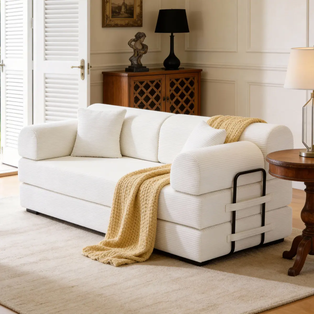 79" Corduroy Floor Sofa Bed, Convertible Modular Sleeper Sofa, Removable Parts Design, Comfortable Seating and Sleeping, for Family Use, Relaxation Area (Beige)