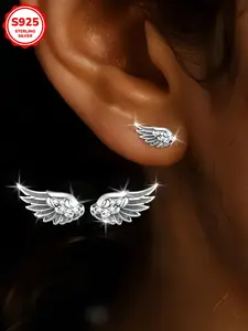 Vintage Fashion S925 Sterling Silver Angel Wings Earrings, Simple Lightweight Cubic Zirconia Studs, Versatile Daily Wear Jewelry for Women
