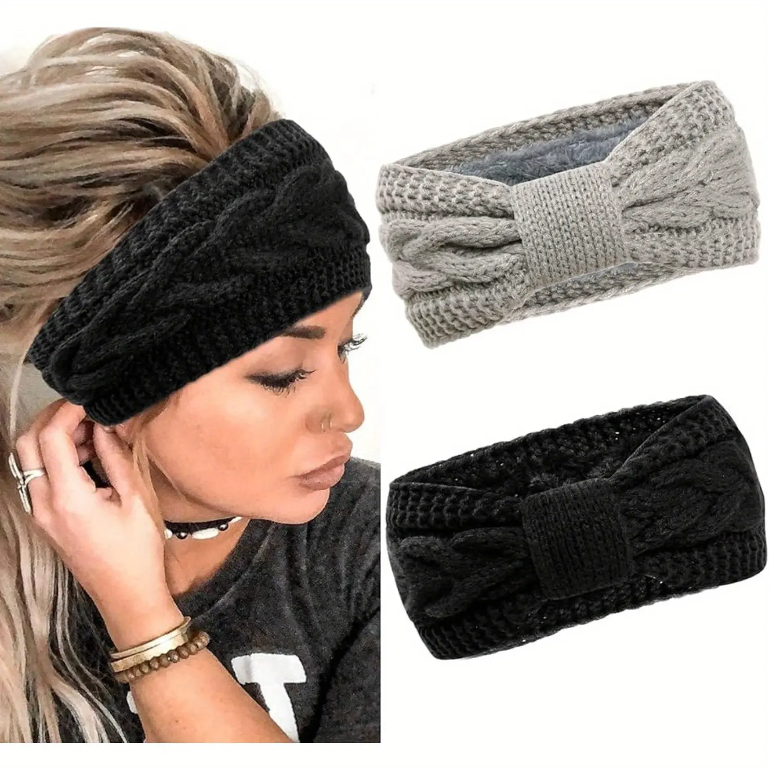 2 Packs Women's Furry Ear Warmer Headbands - Winter Warm Elastic Ear Warmer Hairbands with Wide Plain Headband Suitable for Skiing, Outdoor, Weather - Soft Comfortable Size Fits Most
