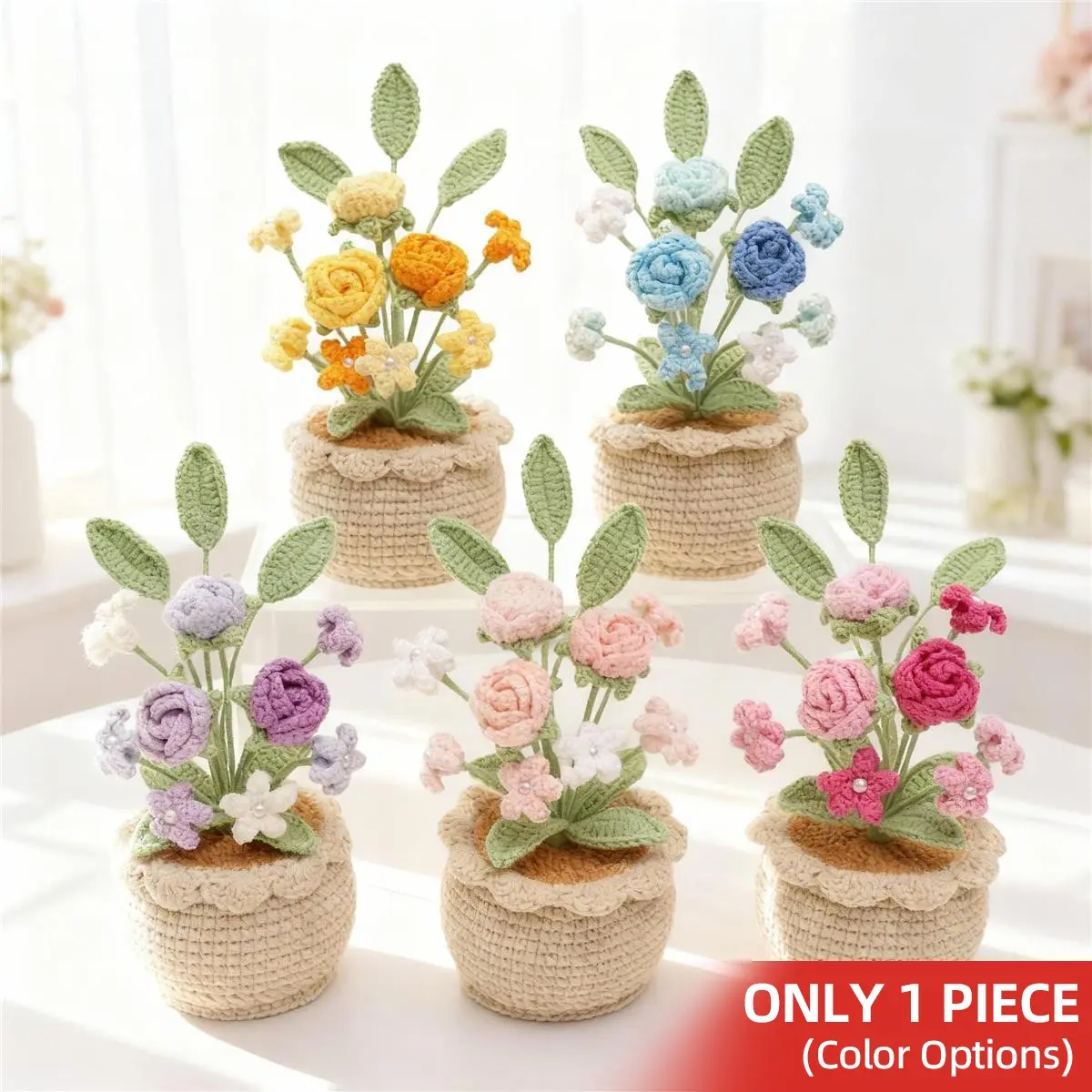 Handmade Knitted Rose Pot Plant Decoration, Decorative Flowers, Artificial Flowers, Artificial Flower Decorations, Perfect Gift for Valentine's Day & Christmas, Unique Craft Design for Home Decor