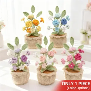 Handmade Knitted Rose Pot Plant Decoration, Decorative Flowers, Perfect Gift for Valentine's Day & Christmas, Unique Craft Design for Home Decor
