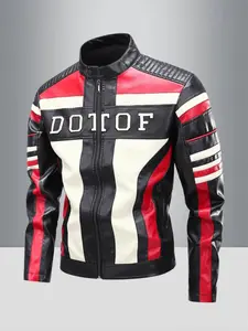 Men's Fashion Casual Striped Outdoor Sports Windproof PU Leather Long Sleeve Short Jacket, Durable Motorcycle Streetwear Coat for Autumn Winter, Riding and Adventure