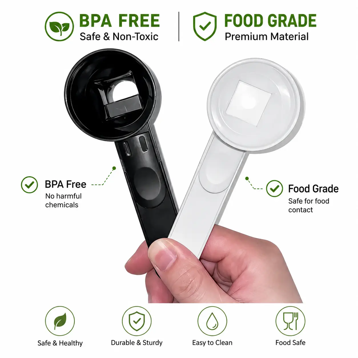 Food Safe BPA-Free Plastic Powder Scoop with Funnels - 1 White, 1 Black Kitchen Utensil for Protein Powder, Pre Workout, Smoothie Preparation