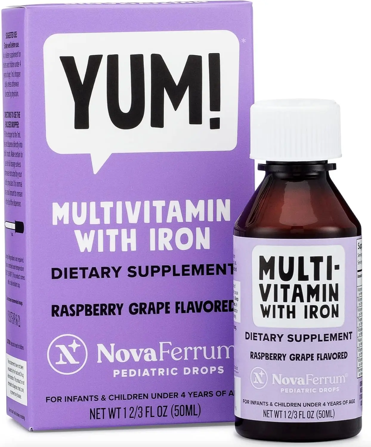 Yum | Multivitamin with Iron for Infants, Toddlers & Kids Ages 4 & Under | Immune Support | Gluten Free Certified | Sugar Free | Raspberry Grape | 50 Servings