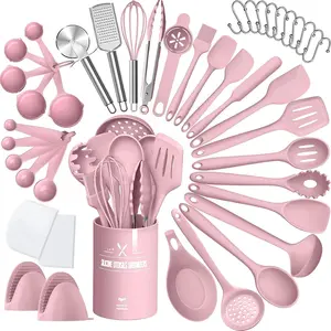 43 Pcs Silicone Cooking Kitchen Utensil Set,Pink Cooking Utensils Set, Turner, Tongs, Spoon, Spatula, Kitchen Gadgets Tools Set For Nonstick Cookware, Heat Resistant (Dishwasher, BPA Free)
