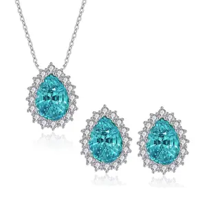 S925 Sterling Silver Teardrop-Shaped Green Paraiba Gemstone Zirconia Inlaid Stud Earrings Necklace Light Luxury Elegant Jewelry Set, Suitable for Formal / Semi-Formal Occasions Such as Banquets, Weddings, Dates, Also Ideal as a Gift Box Present