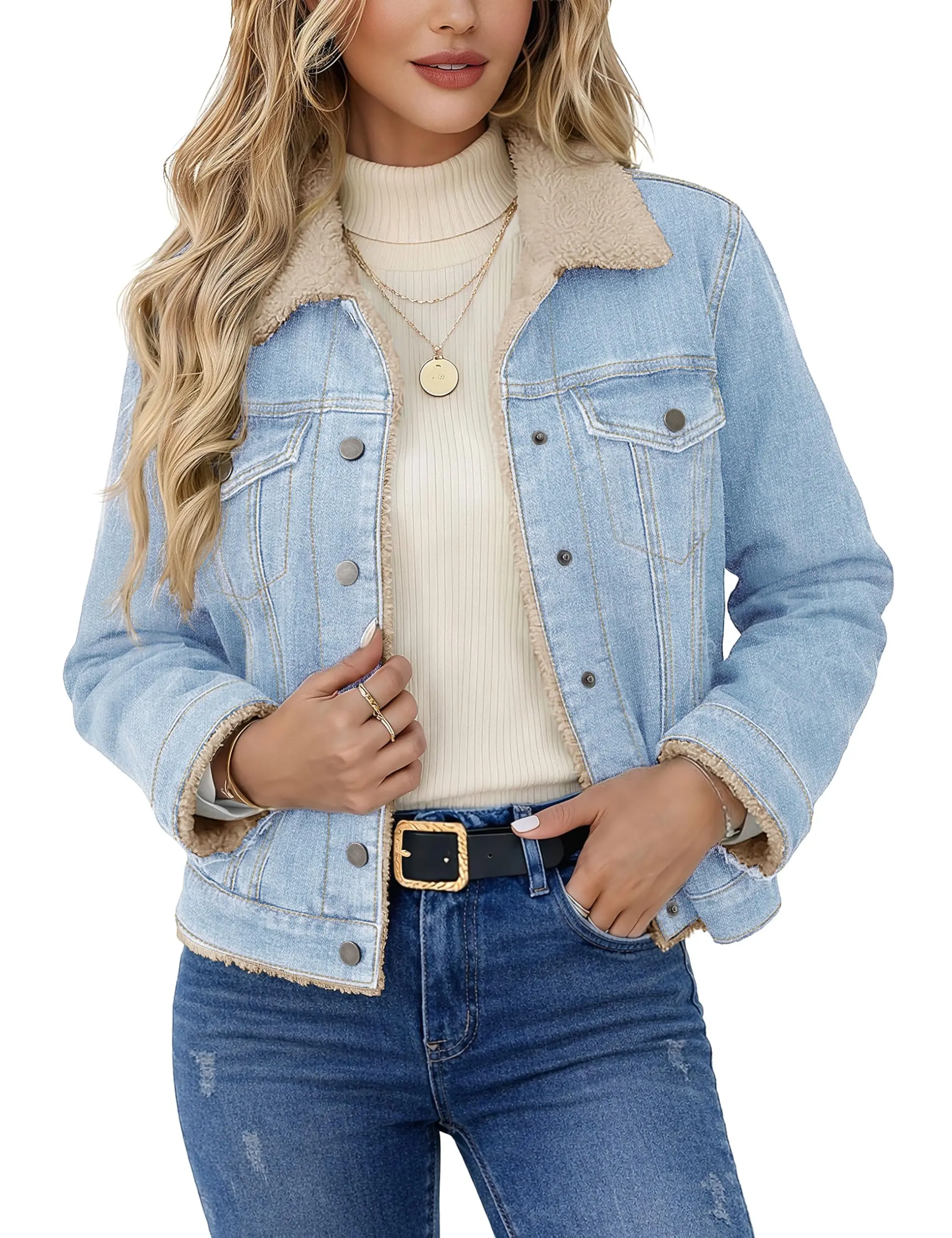 YUCOLEN Women's Denim Jacket Sherpa Lined Fleece Jean Coat Fur Collared Warm Button Down Trucker Jackets with Pockets