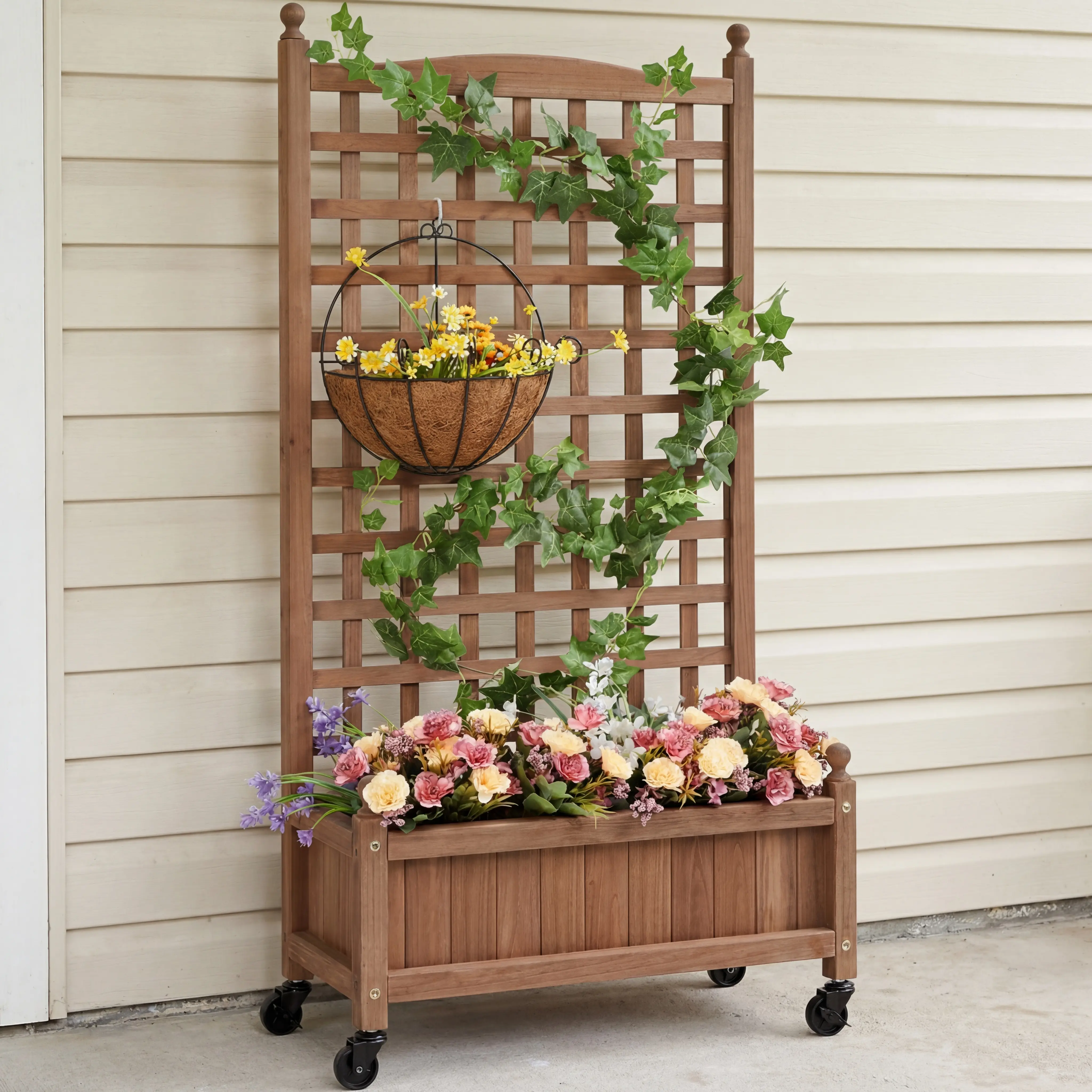 Costoffs 50" H Sturdy Natural Fir Wood Square Raised Bed with Trellis, Brake-Lock Wheels, Hanging Flower Pots - Home & Garden Planter Box with Decor-Doubling Trellis for Vine Climbing Plants, Patio Outdoor Use