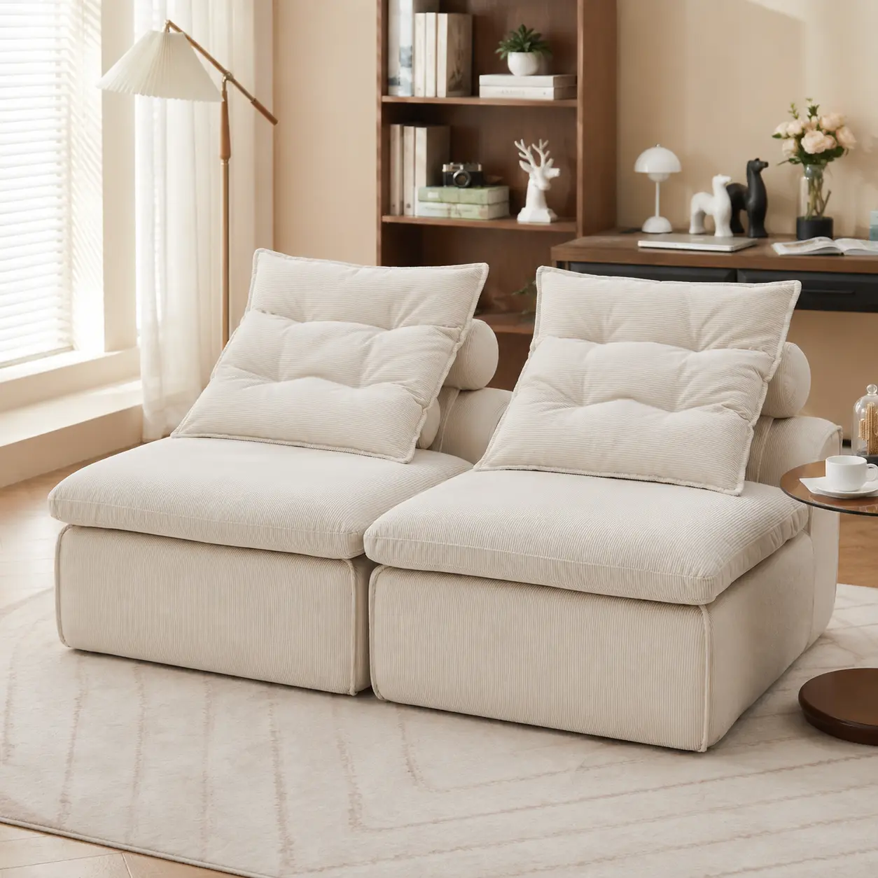 [Fahuac] Comfy Corduroy Modular Armless 2-Piece Sectional Sofa - 66x37.9x33in, Boneless Design, High-Quality Foam, Removable Neck & Waist Pillows, No Assembly Required, Space-Saving for Living Room, Apartment, Comfy Corduroy Sofa