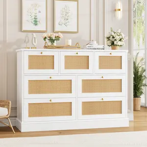 FOTOSOK White Dresser Rattan Dresser, 7 Drawer Dressers Boho Chest of Drawers with Gold Handles
