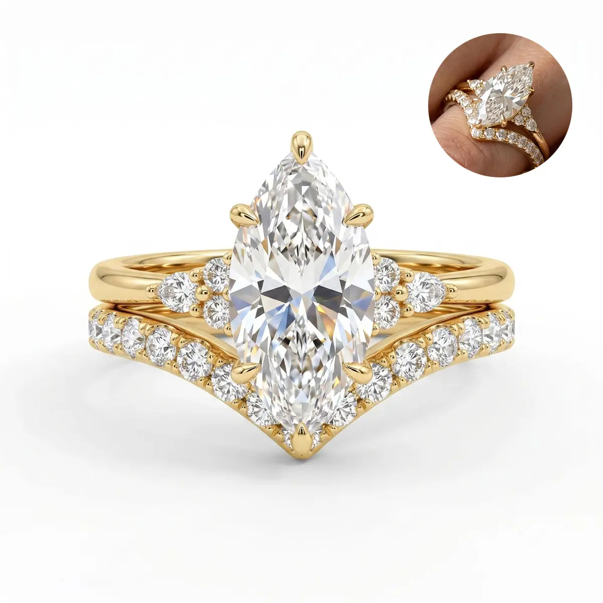 Women's 2.5CT D VVS1 Ice-Cut Marquise Artificial Gem Engagement Ring Set, V-Shaped Band for Bridal Wedding, Anniversary Promise, Sizes 5-10, Engagement Rings, Wedding Ring Sets