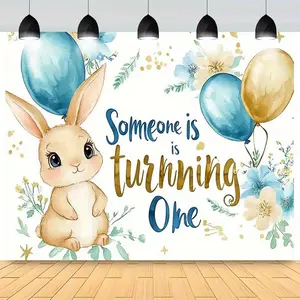 Charming Rabbit-Themed Birthday Party Banner - "Someone is Turning One" Polyester Backdrop with Blue Balloons & Floral Design, Ideal for First Birthday Celebrations & Anniversary Events, Birthday Party Decor|Festive Backdrop Flower White
