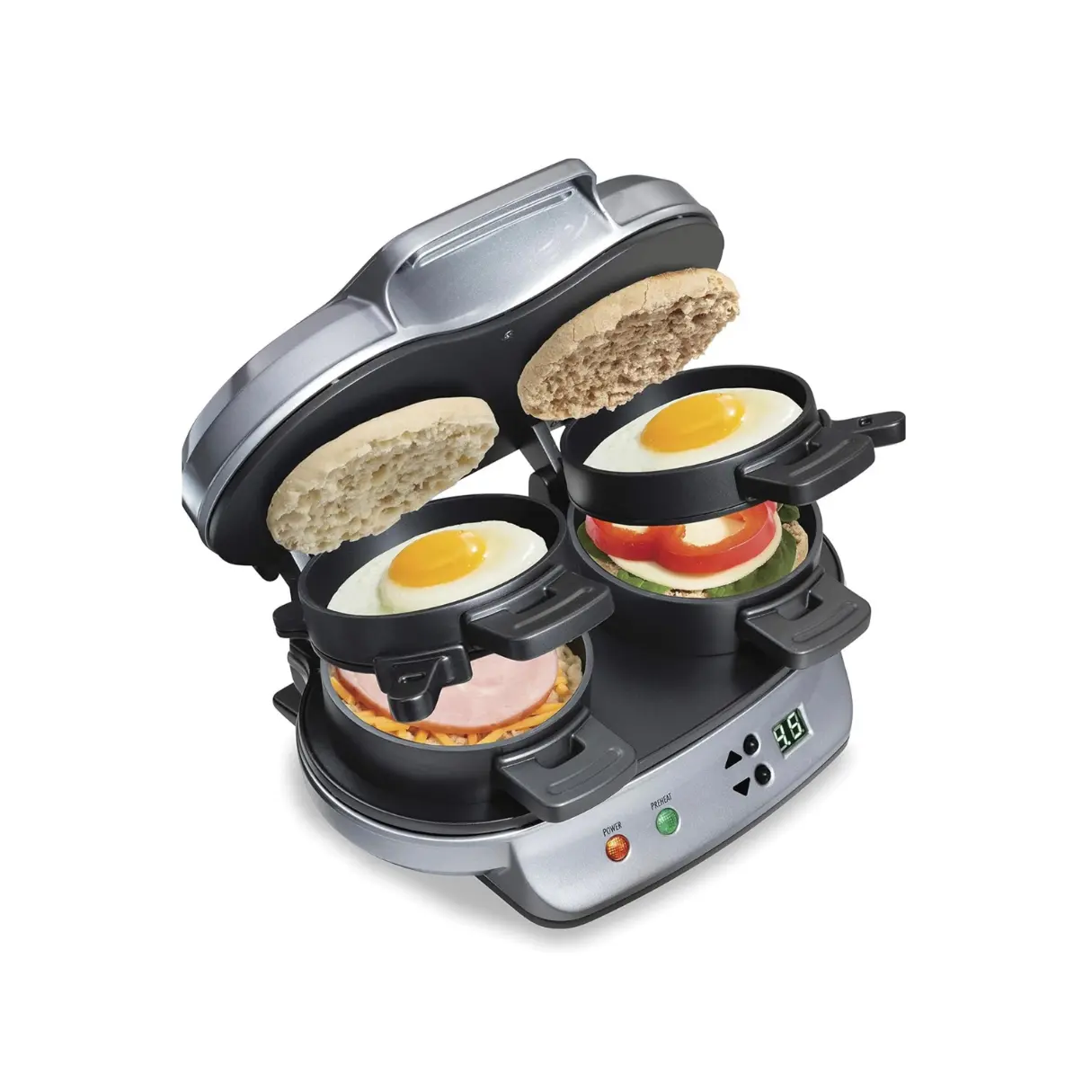 Dual Breakfast Sandwich Maker with Timer, Silver