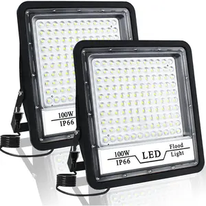 2 Pack 100W LED Flood Light Outdoor, 10000LM Bright LED Work Lights Plug in, IP66  Exterior Floodlight, 6500K  Light for Patio, Backyard, Lawn, Stadium, Playground
