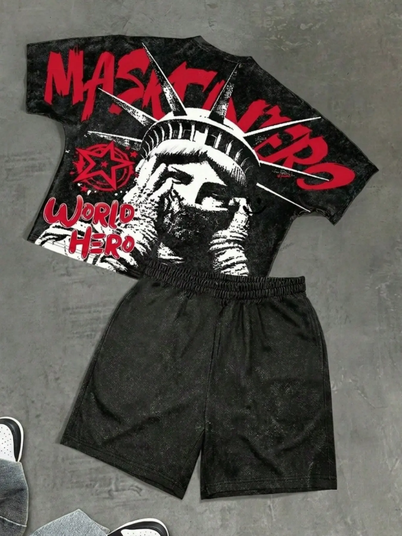 Boy's Dark Retro Style Block Letter Print Short Sleeve Top & Shorts Set, Trendy Casual Fitted Outfits Set, All-Over Print Co Ord Set, Summer Clothing Set