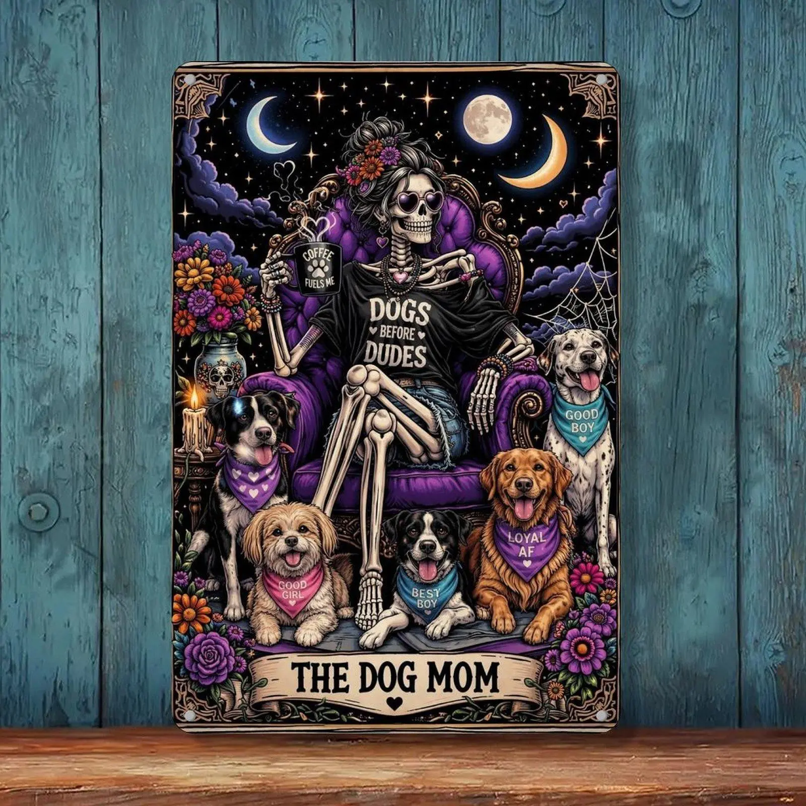 The Dog Mom Skeleton With Puppies Moon Floral Gothic Vintage Tin Sign 8x12in Dog Lover Wall Art Metal Tin Sign