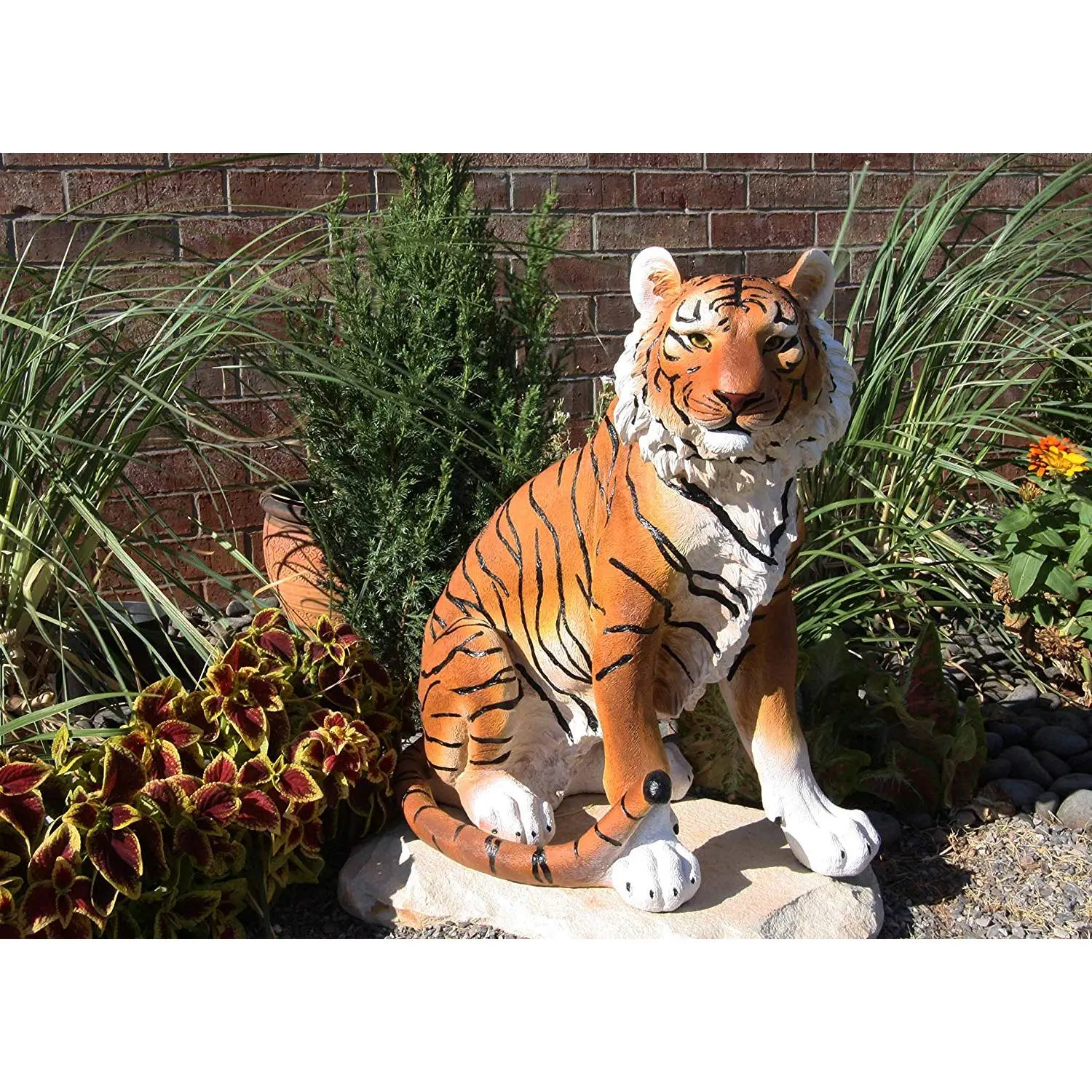 20" Tall Hand-Painted Resin Orange Bengal Tiger Raja Statue, Approximately 20" Apex Predator in Guarding Pose, Outdoor Decor Garden Figurine, 13" Long