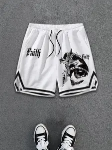 Men's Gothic Cross Print Basketball Shorts, Elastic Gym Shorts, Comfortable Fabric, Trendy Summer, Precision Hemming, Dual Stitching, Streetwear Sports Shorts, Elastic Waistband