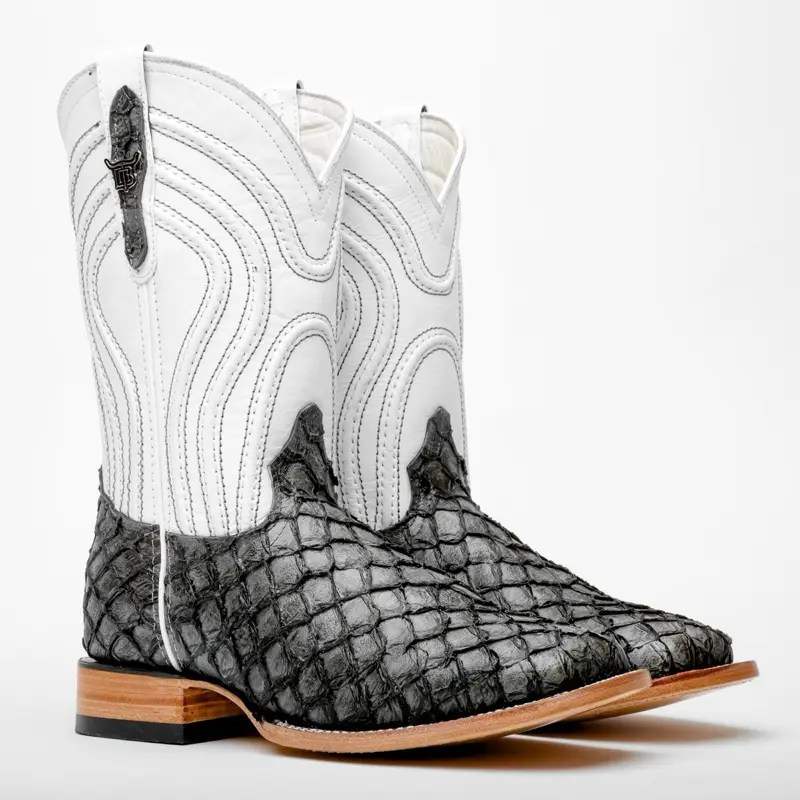 Grey Pirarucu Leather Boots - Square Toe