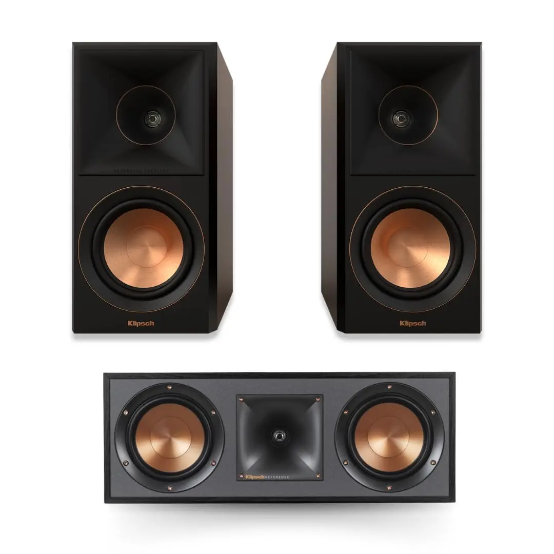 Klipsch Reference Premiere RP-500M II Walnut Wood Square 2-Way Bookshelf Speaker Pair Bundle with R-52C Powerful Detailed Center Channel Home Speaker (1 Set, Copper-Spun Cerametallic Aluminium Components, for Any Sized-Space)