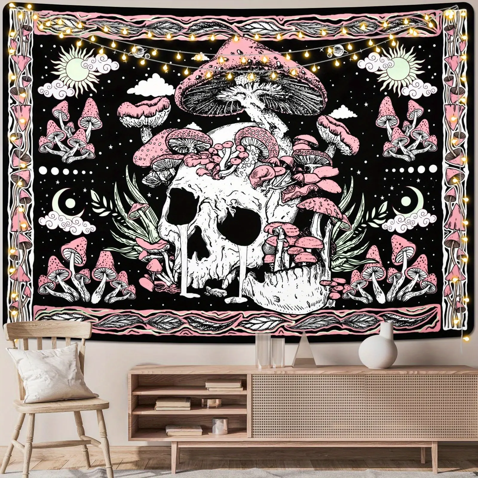 Large Pink Mushroom and Skull Design Tapestry - Bohemian Style Backdrop, Bedroom Dorm Decor for Hippie Aesthetic Spaces, Room Inspo Wall Hanging Decor, Tapestry Wall Mural, Home Wall Hanging