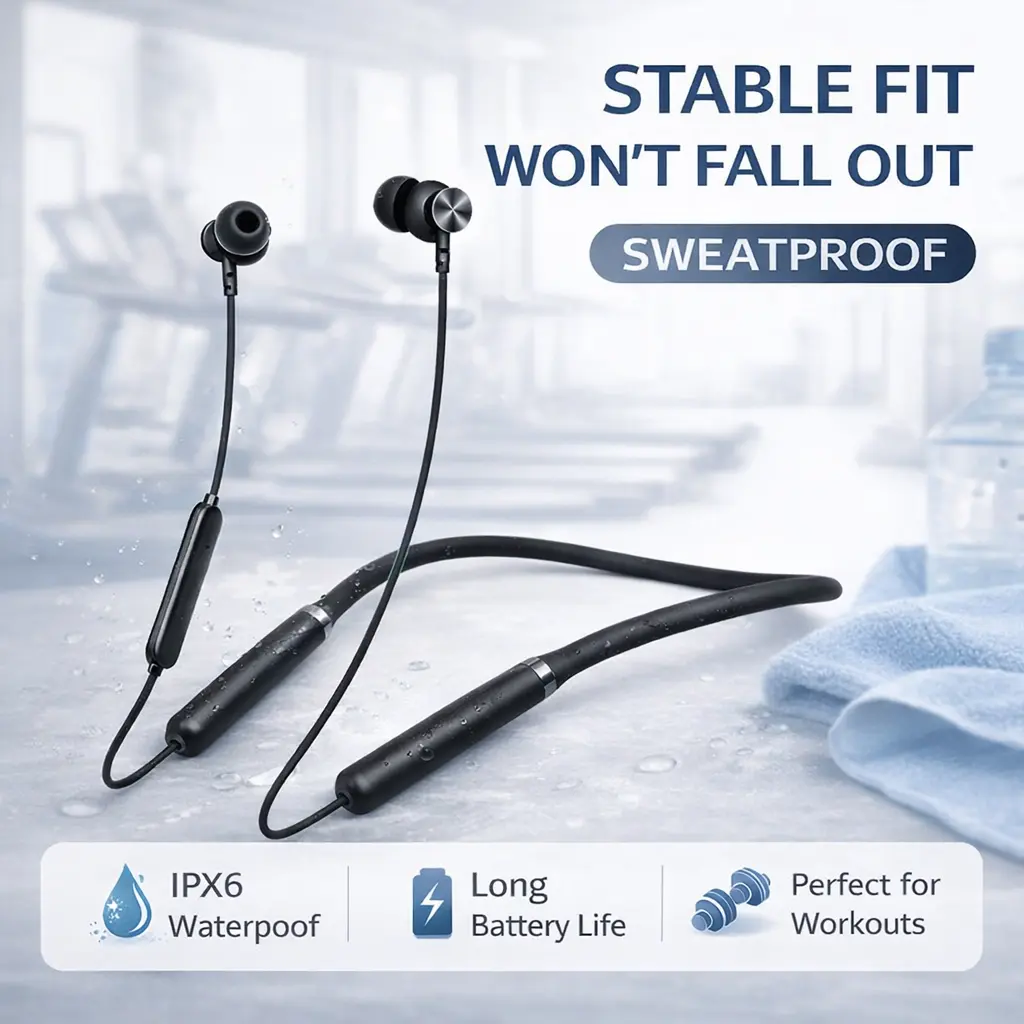 Voprene 2026NEW Wireless Earbuds - Bluetooth In-Ear Silicone Memory Neckband Headset, 48H Playtime, Water Resistant for Fitness, Cycling, Earbuds Wireless