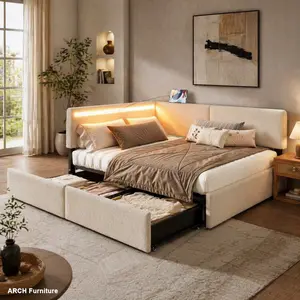 Mid-Century Boucle Upholstered Cloud Bed Frame with Tufted Headboard, Full Size - 2 Storage Drawers, LED Lights, USB Charging Station, Solid Wood Legs & Slats, No Box Spring Needed, Beige