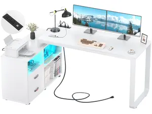 Homieasy 55" Reversible L-Shaped Computer Desk with File Cabinet & LED Lights - 3 Outlets, 2 USB Ports, Adjustable Shelf, Perfect for Gaming & Working