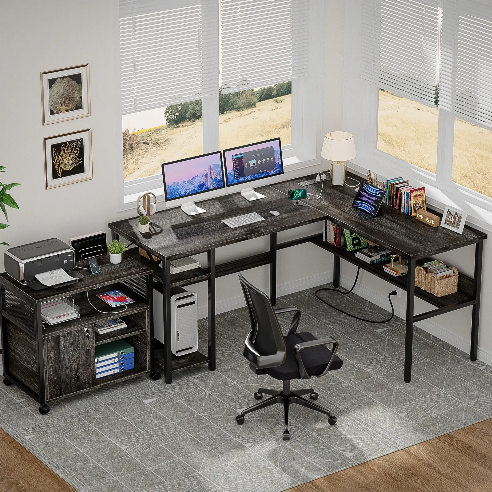 Cyclysio 47in Reversible Sturdy L-Shaped Gaming Corner Desk - Office Furniture with Charging Station, Storage Shelves, Easy Assembly, L-Shaped Modular Desk for Home Office, Man Cave Use, Room Furnishings, Corner Desks, Desks For Gaming