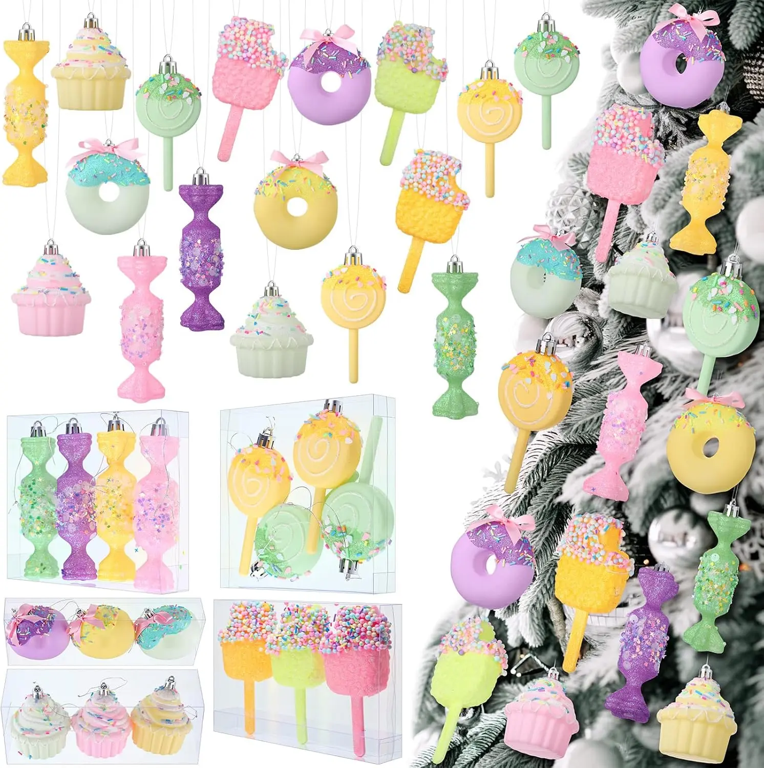 17 Pcs Pastel Christmas Tree Ornaments Candy Lollipop Donut Cake Ice Cream Ornaments Macaron Color Christmas Tree Hanging Set for Xmas New Year Holiday Party Decor