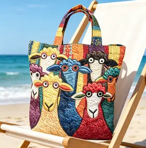 Bohemian-style large-capacity quilted handbag featuring seven different cute sheep print patterns on the bag body; a fashionable retro tote suitable for daily commuting, short trips, and travel.