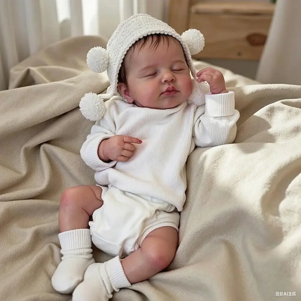 19" Realistic Reborn Sleeping Baby Doll, LouLou Brown Hair Doll with Cozy White Outfit, Pom-Pom Hat, Pacifier & Birth Certificate, Ideal Christmas Gift for Collectors, Reborn Baby Doll