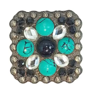 HILASON 2 Pc Western Screw Back Square Antique Finish Concho Cowgirl Green White and Blaack Crystals Color | Slotted Conchos