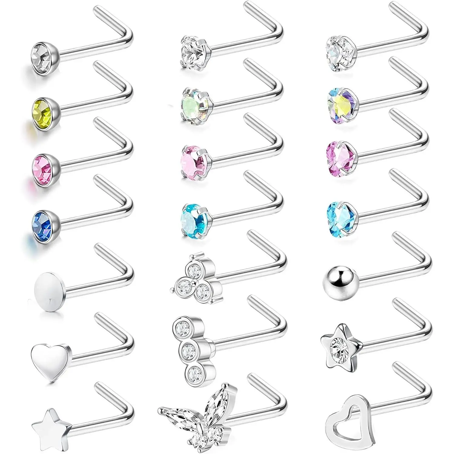 YADOCA 21 Pcs 20G Nose Stud Piercing 316L Surgical Steel for Women Men Hypoallergenic Small Colorful CZ Silver Nose Studs I Shaped/L Shaped/S Shaped Nose Stud Screw Nose Piercing Jewellery
