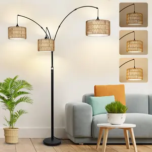 Arc Floor Lamps for Living Room, Farmhouse Boho Floor Lamp for Bedroom, Industrial Standing Lamp for Office, Dimmable Tall Lamp with Rattan Lampshades, Reading Arched Light