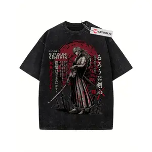Men'S Heavyweight Anime Graphic T-Shirt - Rurouni Kenshin Double-Sided Vintage Print, Y2K Streetwear Style, Loose Fit Breathable Tee with Japanese Manga Design, Casual Summer Shirt for Daily Outfits & Anime Fans (Machine Washable)