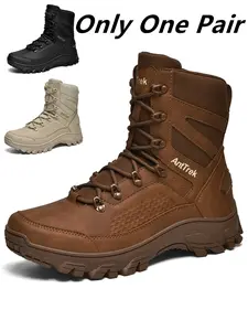 Men's High-Top Tactical Boots, Side Zip Design, All-Terrain Military Combat Shoes, Rubber Sole, Waterproof, Ideal for Durable Outdoor Hiking and Daily Wear