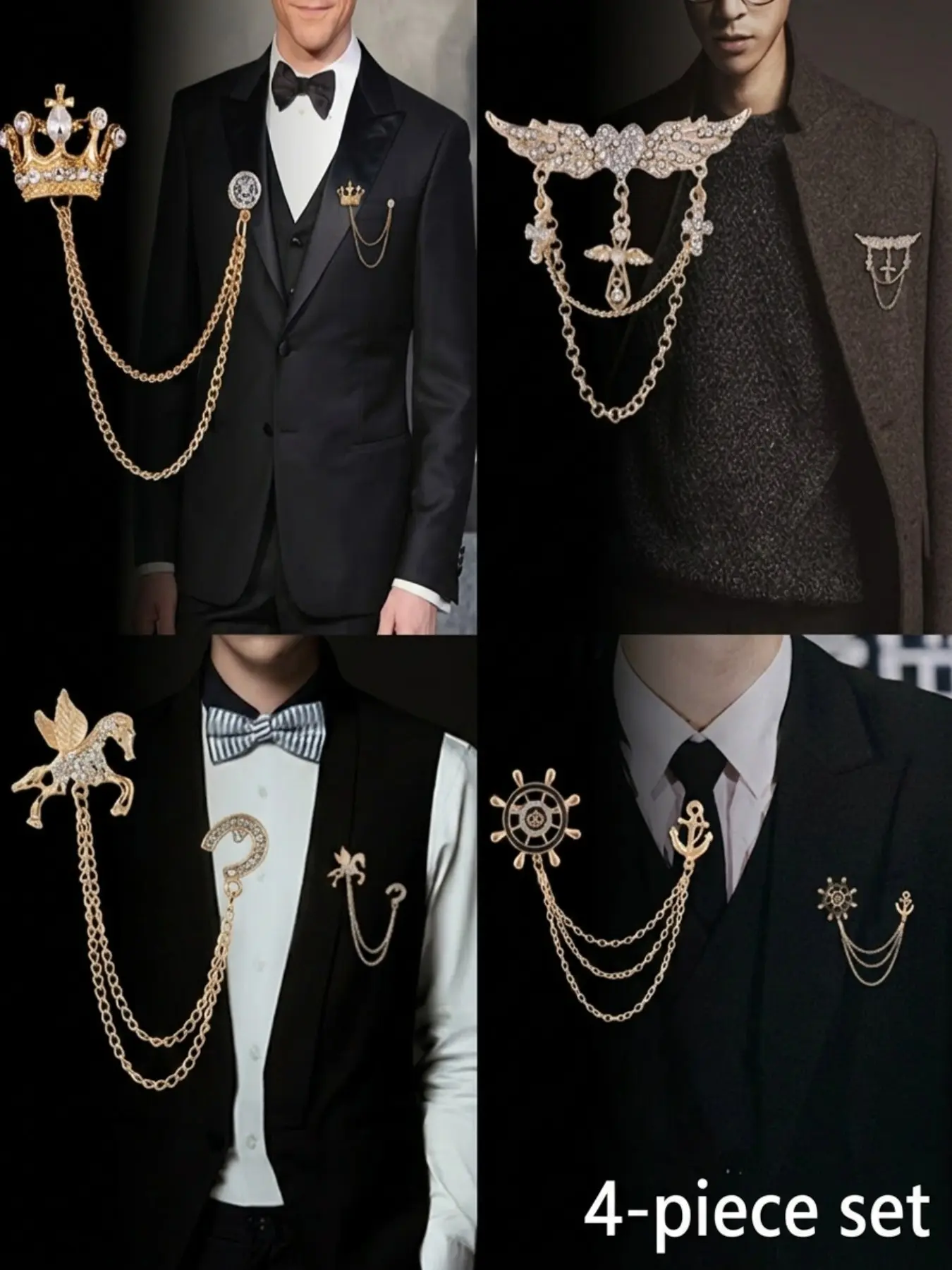 4 Piece Men's Elegant Brooch Set, Fashion Accessory, Wing Fringe Chain Brooch, Crown Brooch, Helm Brooch, Pegasus Brooch, Lapel Pin, Vintage Brooches, Brooch Pins