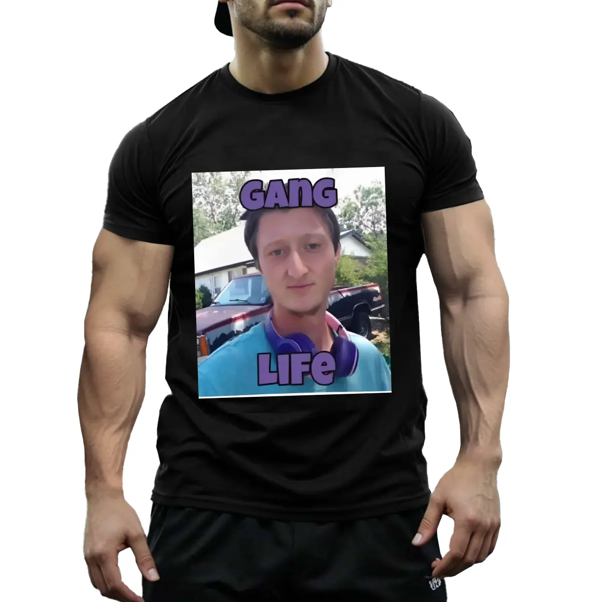 Daniel Larson 'Gang Life' Men's Graphic T-Shirt - 100 Cotton, Casual Crew Neck with Anime Print, Machine Washable - Perfect for Gym & Casual Attire, Plus Sizes S-3Xl, Black with Purple Lettering, Leisurewear Bold Print Top Cotton Fabric